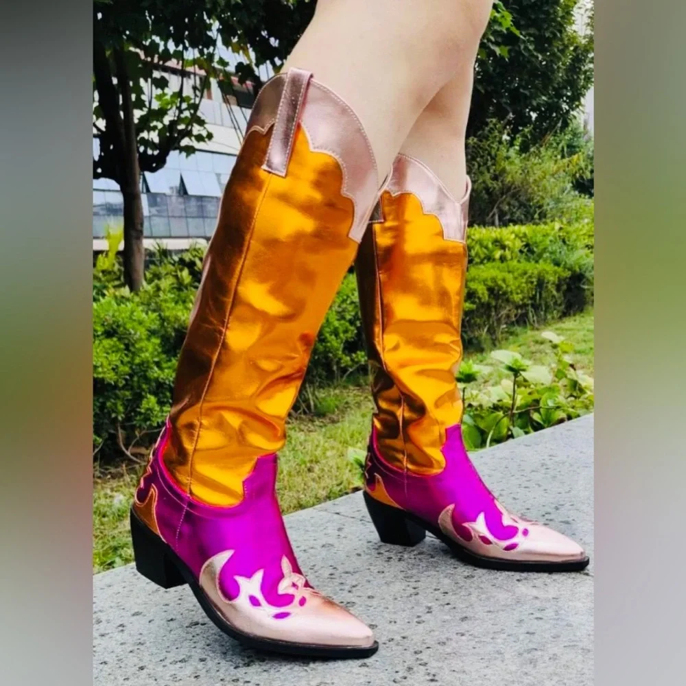 Multi Colored Metallic Chunky Block Heel Cowgirl Boots - Picture 3 of 9